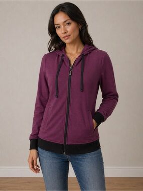 Karma Womens active Hooded Zip-Up Jacket Small soft rayon, spandex &cotton Blend